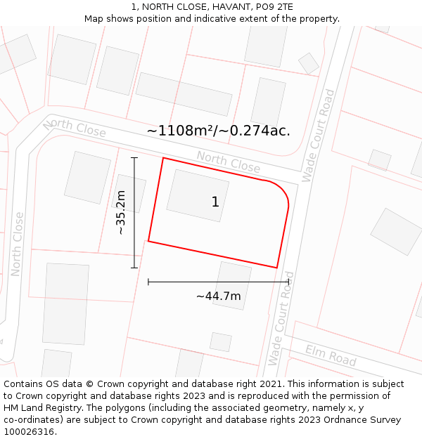 1, NORTH CLOSE, HAVANT, PO9 2TE: Plot and title map