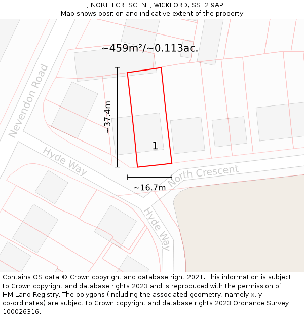 1, NORTH CRESCENT, WICKFORD, SS12 9AP: Plot and title map