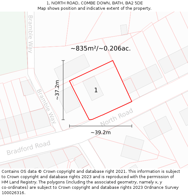 1, NORTH ROAD, COMBE DOWN, BATH, BA2 5DE: Plot and title map