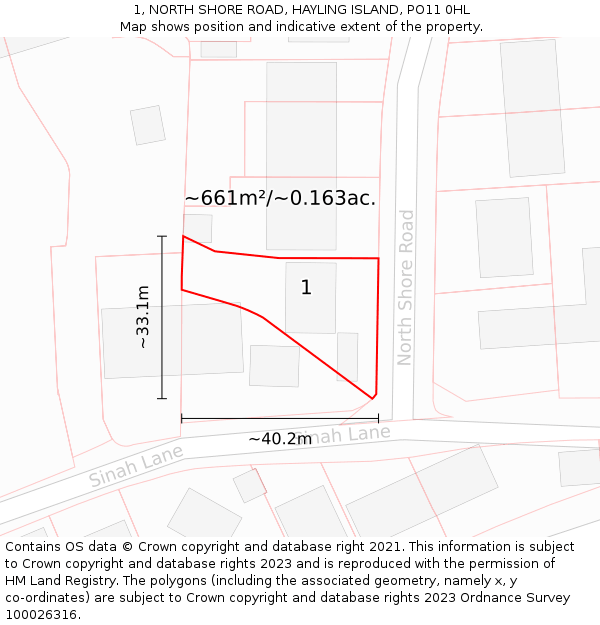 1, NORTH SHORE ROAD, HAYLING ISLAND, PO11 0HL: Plot and title map