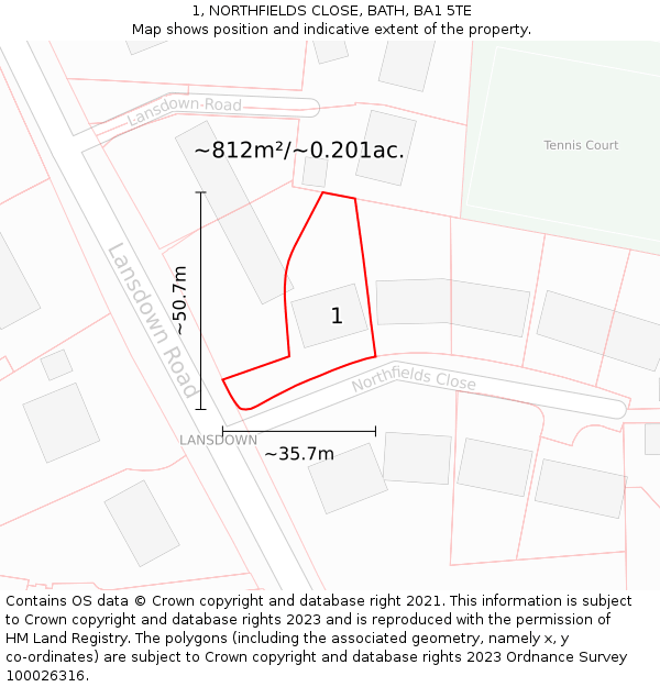 1, NORTHFIELDS CLOSE, BATH, BA1 5TE: Plot and title map