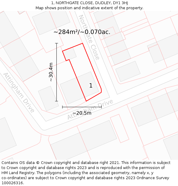 1, NORTHGATE CLOSE, DUDLEY, DY1 3HJ: Plot and title map