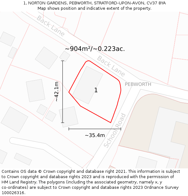 1, NORTON GARDENS, PEBWORTH, STRATFORD-UPON-AVON, CV37 8YA: Plot and title map