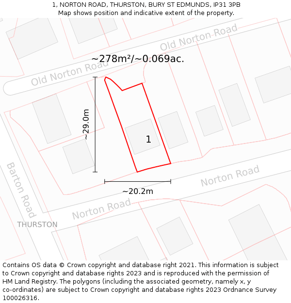 1, NORTON ROAD, THURSTON, BURY ST EDMUNDS, IP31 3PB: Plot and title map