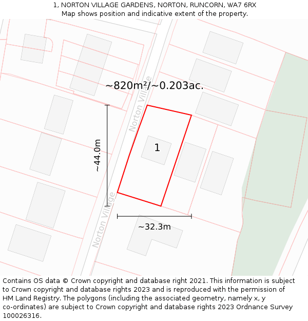 1, NORTON VILLAGE GARDENS, NORTON, RUNCORN, WA7 6RX: Plot and title map