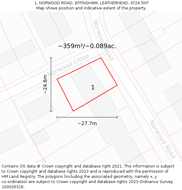 1, NORWOOD ROAD, EFFINGHAM, LEATHERHEAD, KT24 5NT: Plot and title map