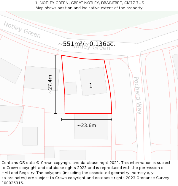 1, NOTLEY GREEN, GREAT NOTLEY, BRAINTREE, CM77 7US: Plot and title map