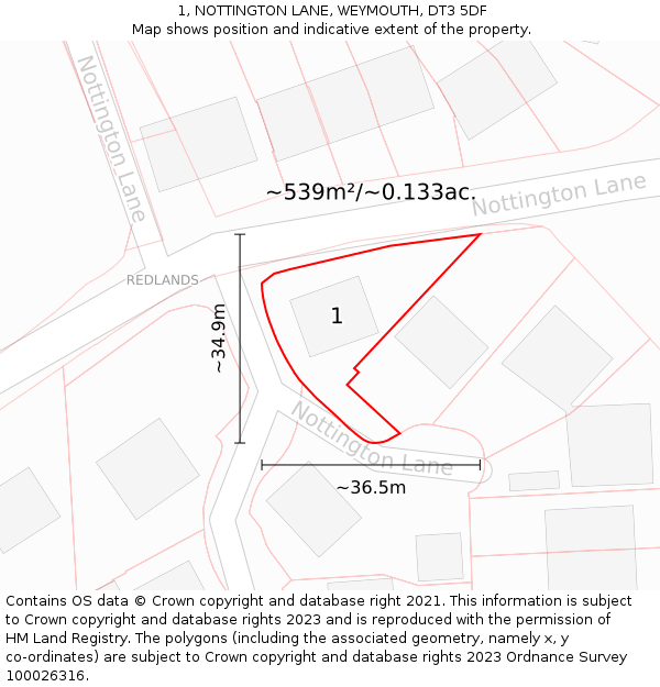 1, NOTTINGTON LANE, WEYMOUTH, DT3 5DF: Plot and title map