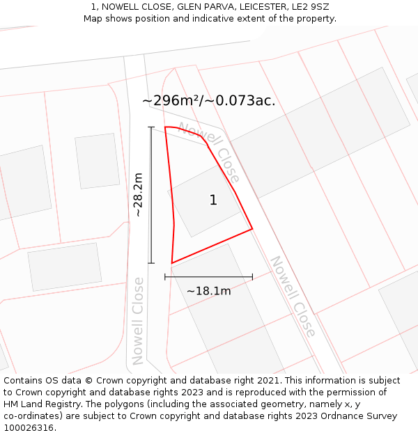 1, NOWELL CLOSE, GLEN PARVA, LEICESTER, LE2 9SZ: Plot and title map