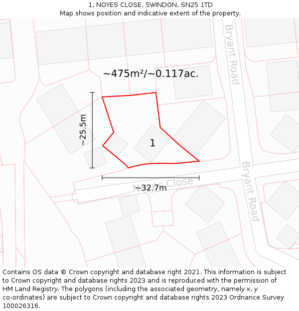 1, NOYES CLOSE, SWINDON, SN25 1TD: Plot and title map