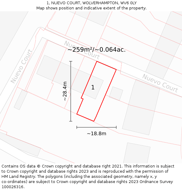 1, NUEVO COURT, WOLVERHAMPTON, WV6 0LY: Plot and title map