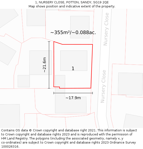 1, NURSERY CLOSE, POTTON, SANDY, SG19 2QE: Plot and title map