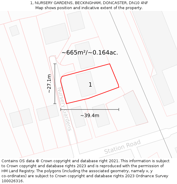1, NURSERY GARDENS, BECKINGHAM, DONCASTER, DN10 4NF: Plot and title map