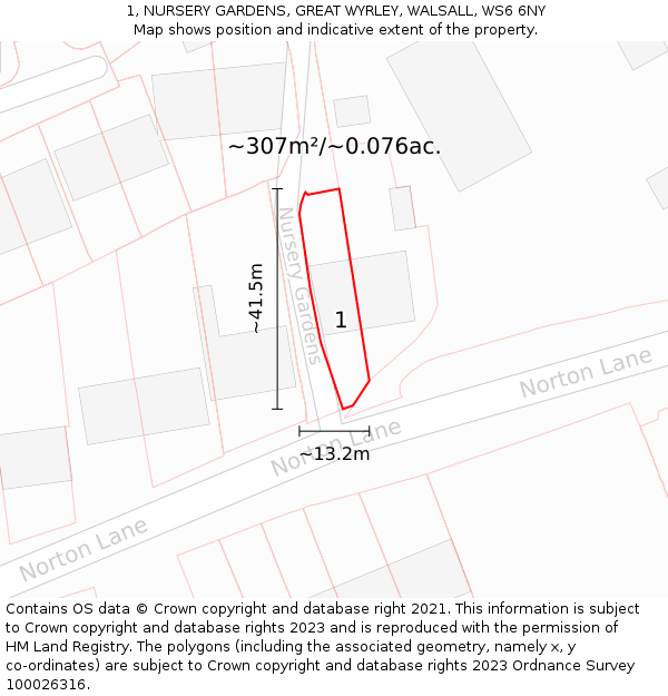 1, NURSERY GARDENS, GREAT WYRLEY, WALSALL, WS6 6NY: Plot and title map