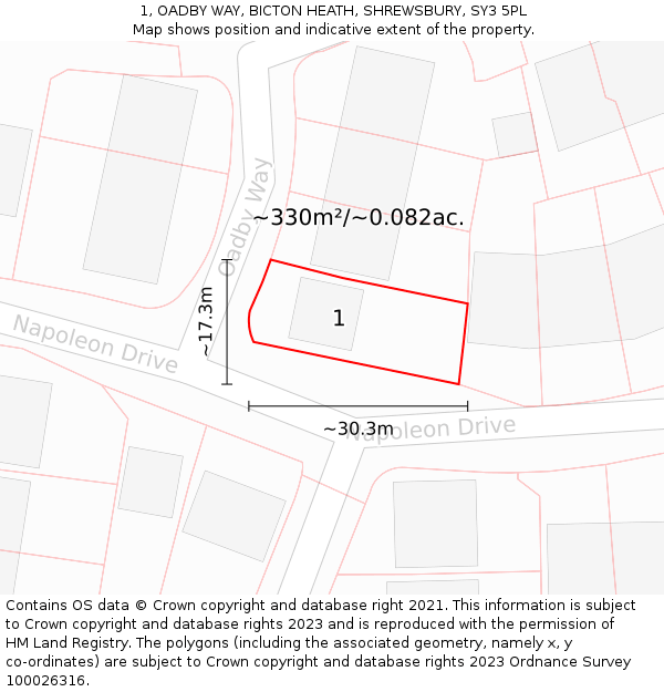 1, OADBY WAY, BICTON HEATH, SHREWSBURY, SY3 5PL: Plot and title map