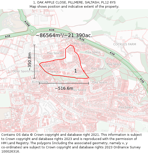 1, OAK APPLE CLOSE, PILLMERE, SALTASH, PL12 6YS: Plot and title map