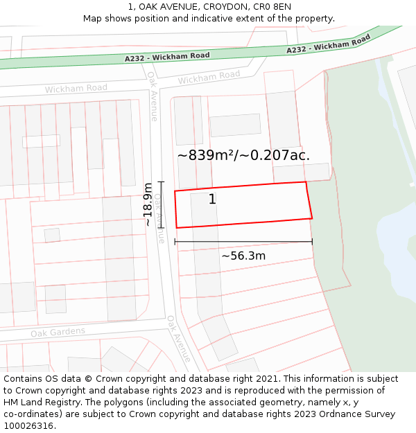 1, OAK AVENUE, CROYDON, CR0 8EN: Plot and title map