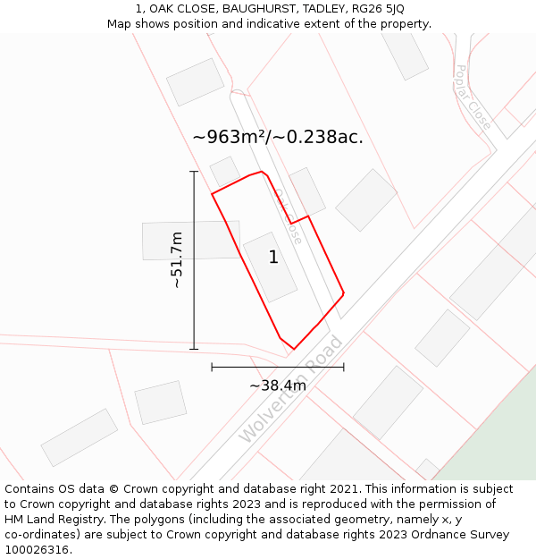 1, OAK CLOSE, BAUGHURST, TADLEY, RG26 5JQ: Plot and title map