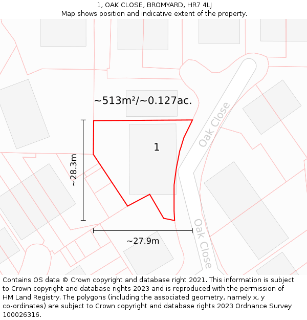 1, OAK CLOSE, BROMYARD, HR7 4LJ: Plot and title map