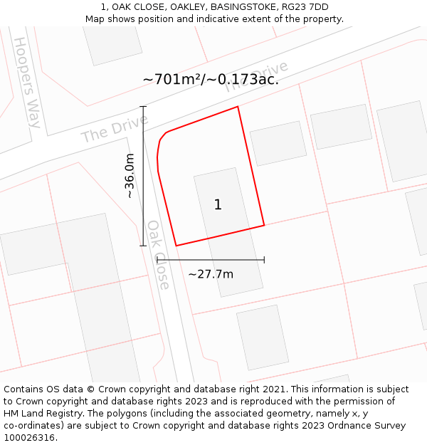 1, OAK CLOSE, OAKLEY, BASINGSTOKE, RG23 7DD: Plot and title map