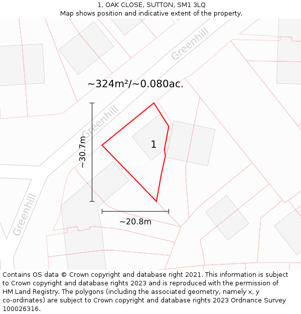 1, OAK CLOSE, SUTTON, SM1 3LQ: Plot and title map