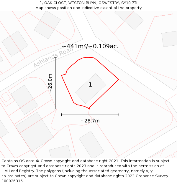 1, OAK CLOSE, WESTON RHYN, OSWESTRY, SY10 7TL: Plot and title map