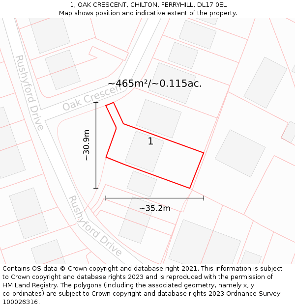 1, OAK CRESCENT, CHILTON, FERRYHILL, DL17 0EL: Plot and title map