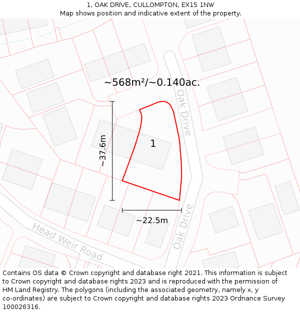 1, OAK DRIVE, CULLOMPTON, EX15 1NW: Plot and title map