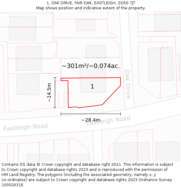 1, OAK DRIVE, FAIR OAK, EASTLEIGH, SO50 7JT: Plot and title map