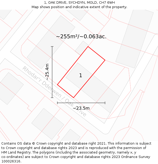 1, OAK DRIVE, SYCHDYN, MOLD, CH7 6WH: Plot and title map