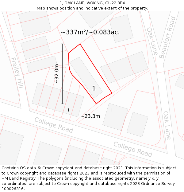1, OAK LANE, WOKING, GU22 8BX: Plot and title map