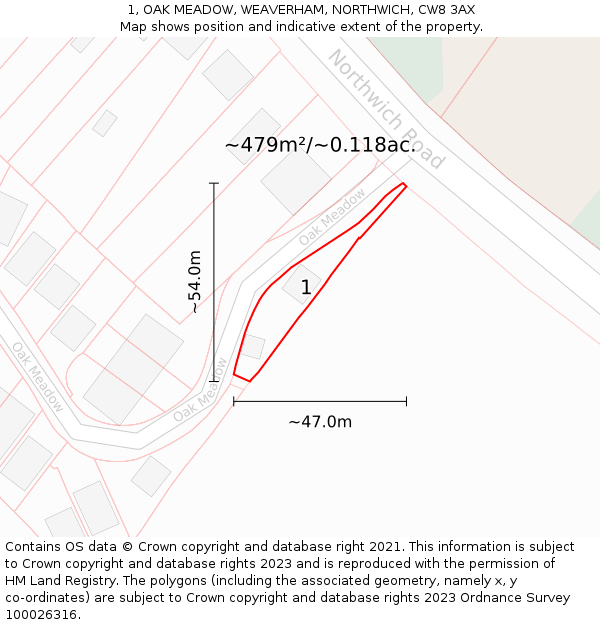 1, OAK MEADOW, WEAVERHAM, NORTHWICH, CW8 3AX: Plot and title map