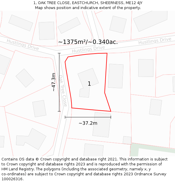 1, OAK TREE CLOSE, EASTCHURCH, SHEERNESS, ME12 4JY: Plot and title map