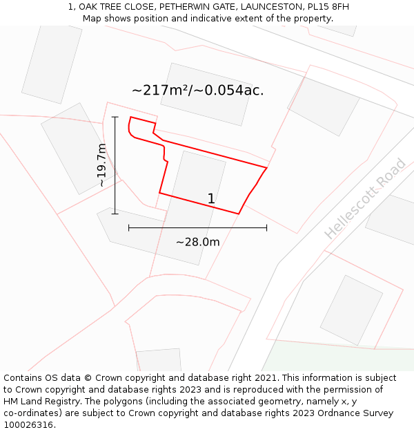 1, OAK TREE CLOSE, PETHERWIN GATE, LAUNCESTON, PL15 8FH: Plot and title map