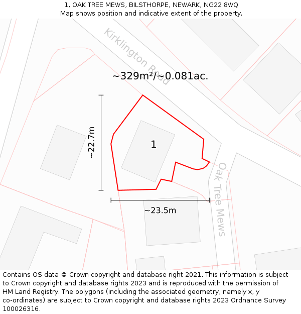 1, OAK TREE MEWS, BILSTHORPE, NEWARK, NG22 8WQ: Plot and title map