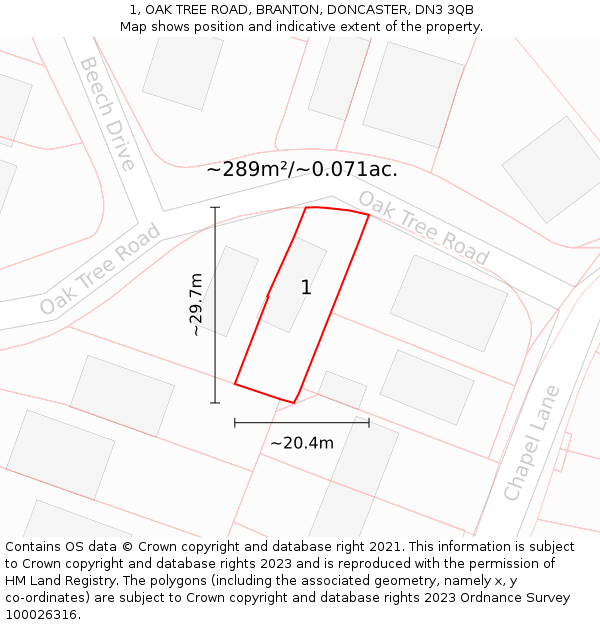 1, OAK TREE ROAD, BRANTON, DONCASTER, DN3 3QB: Plot and title map