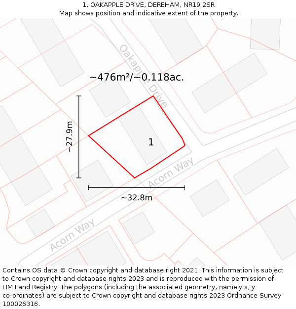 1, OAKAPPLE DRIVE, DEREHAM, NR19 2SR: Plot and title map