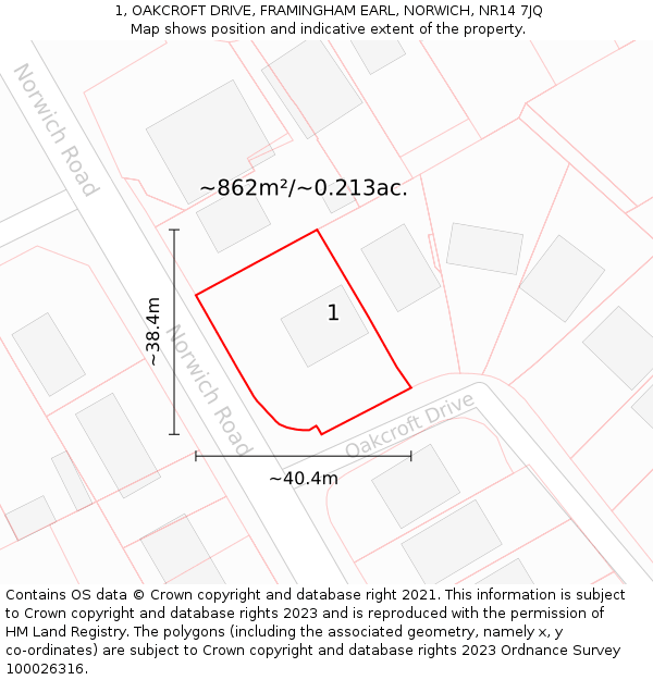 1, OAKCROFT DRIVE, FRAMINGHAM EARL, NORWICH, NR14 7JQ: Plot and title map