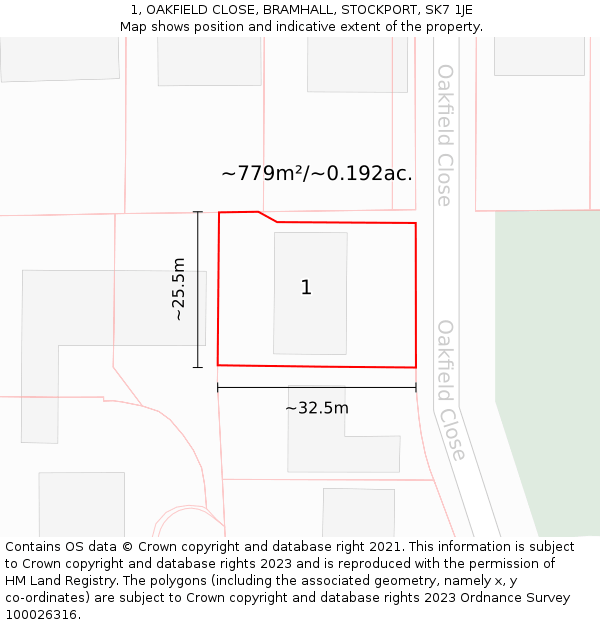 1, OAKFIELD CLOSE, BRAMHALL, STOCKPORT, SK7 1JE: Plot and title map