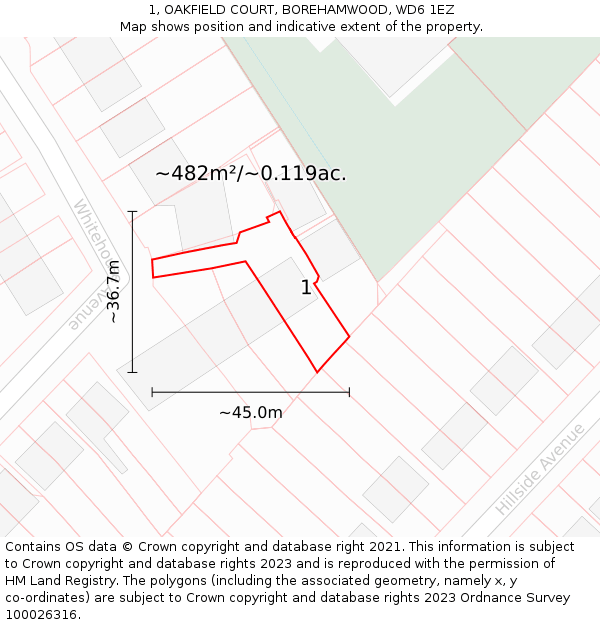 1, OAKFIELD COURT, BOREHAMWOOD, WD6 1EZ: Plot and title map