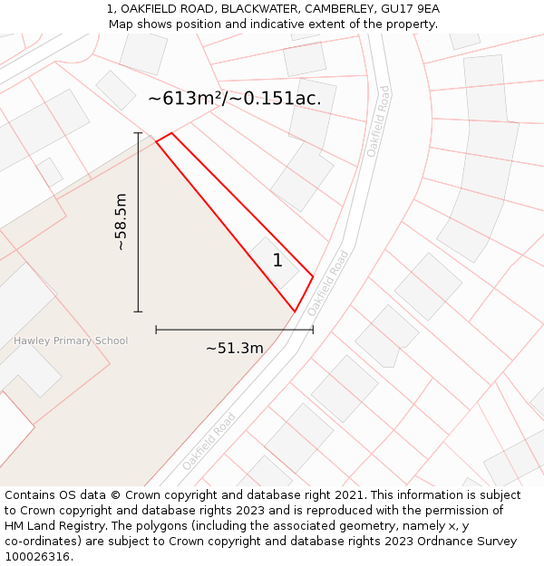 1, OAKFIELD ROAD, BLACKWATER, CAMBERLEY, GU17 9EA: Plot and title map