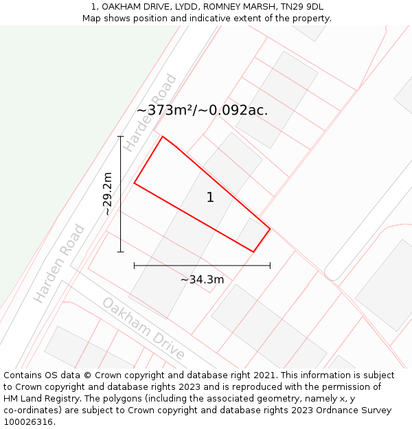 1, OAKHAM DRIVE, LYDD, ROMNEY MARSH, TN29 9DL: Plot and title map