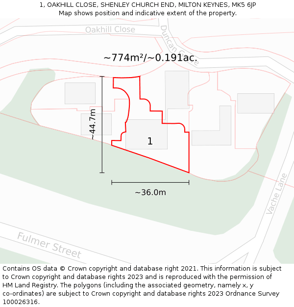 1, OAKHILL CLOSE, SHENLEY CHURCH END, MILTON KEYNES, MK5 6JP: Plot and title map