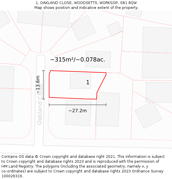 1, OAKLAND CLOSE, WOODSETTS, WORKSOP, S81 8QW: Plot and title map