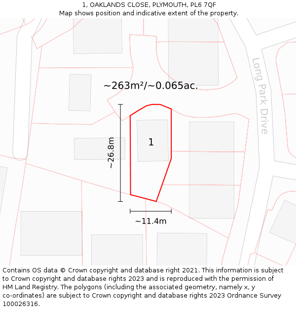 1, OAKLANDS CLOSE, PLYMOUTH, PL6 7QF: Plot and title map