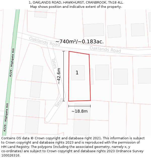 1, OAKLANDS ROAD, HAWKHURST, CRANBROOK, TN18 4LL: Plot and title map