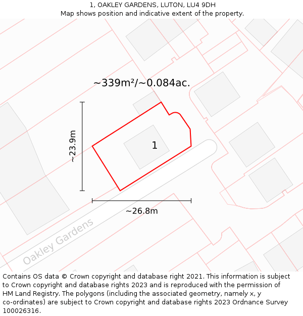 1, OAKLEY GARDENS, LUTON, LU4 9DH: Plot and title map