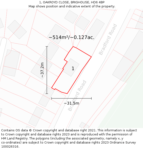 1, OAKROYD CLOSE, BRIGHOUSE, HD6 4BP: Plot and title map