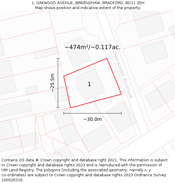 1, OAKWOOD AVENUE, BIRKENSHAW, BRADFORD, BD11 2EH: Plot and title map