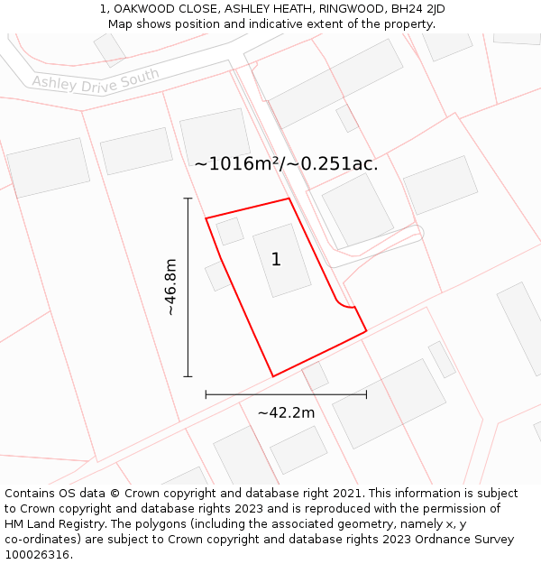 1, OAKWOOD CLOSE, ASHLEY HEATH, RINGWOOD, BH24 2JD: Plot and title map